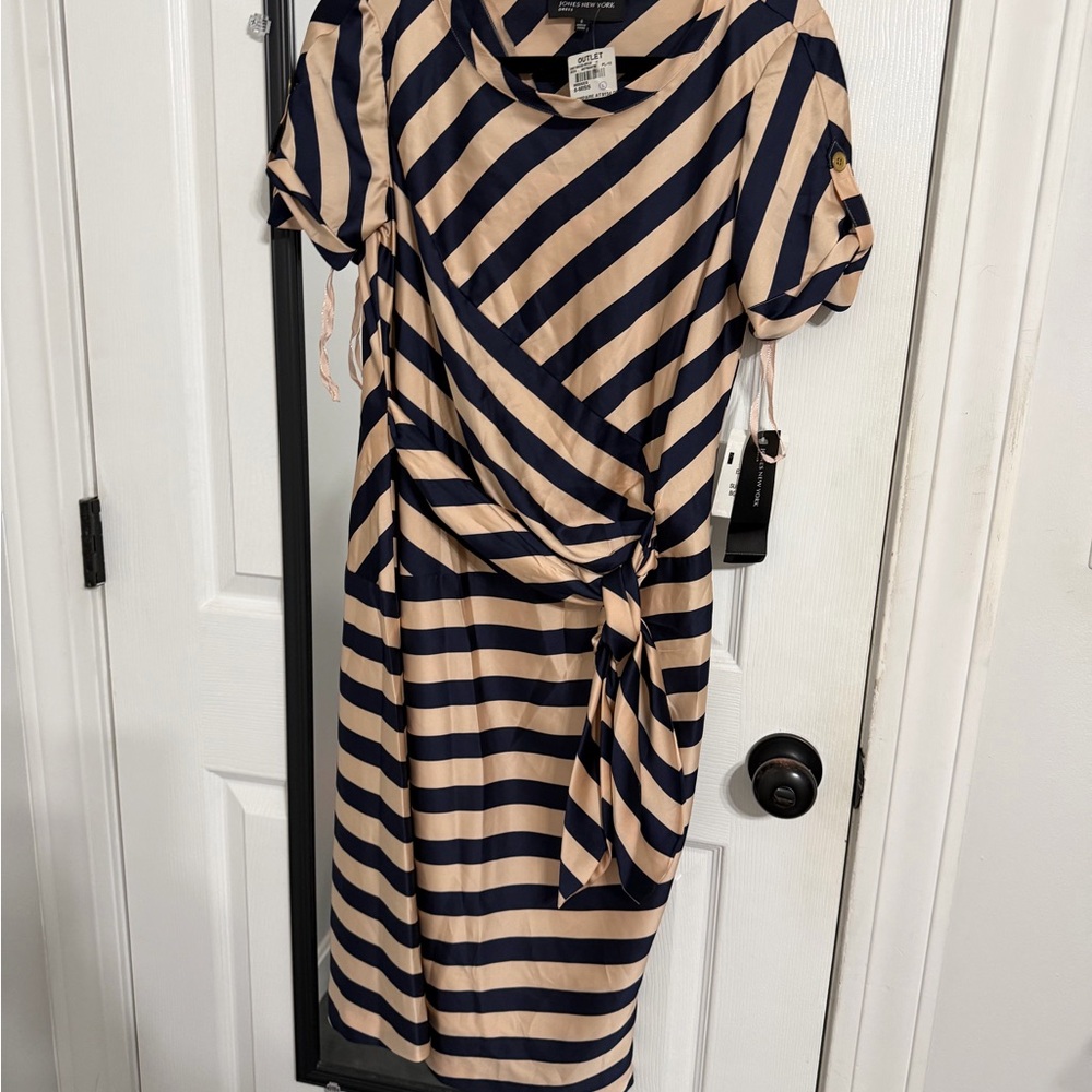 Jones New York Navy and Beige Striped Dress